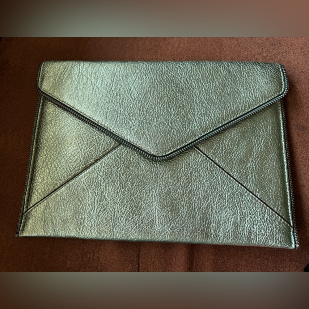 Rebecca Minkoff green leather Leo envelope clutch purse zipper detail